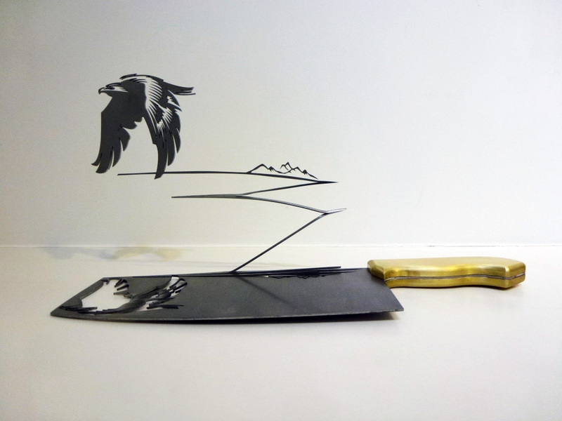 Illustration for article titled Intricate shadow silhouettes carved out of butcher's knife blades